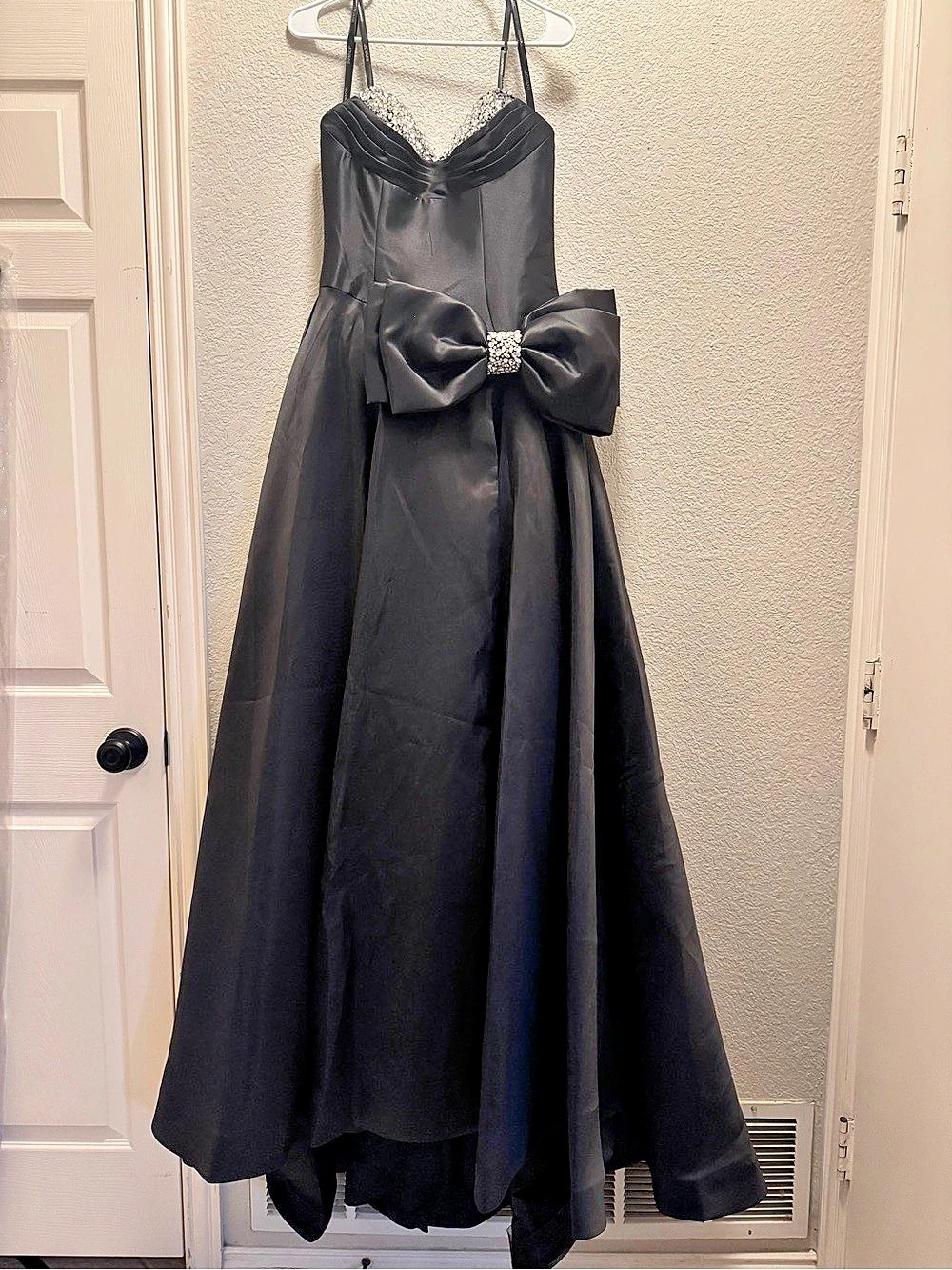 Jovani Strapless Crystal Bow Satin Ball Gown 49196A  size 4